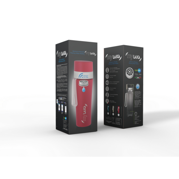 myLAICA rozsdamentes matt bordóra festett fast disk rendszerű vízszűrő kulacs pánttal, 0,55 literes