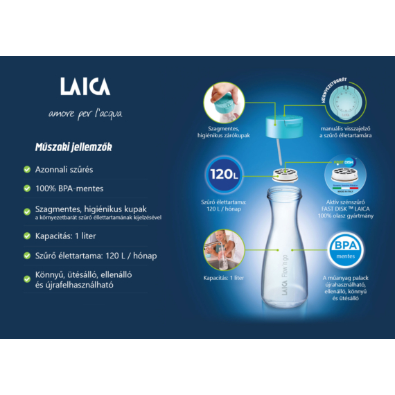 myLAICA rozsdamentes matt bordóra festett fast disk rendszerű vízszűrő kulacs pánttal, 0,55 literes