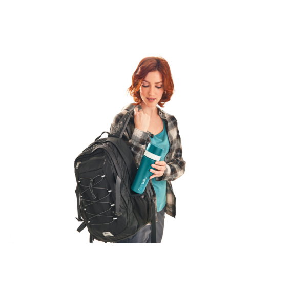 myLAICA rozsdamentes matt bordóra festett fast disk rendszerű vízszűrő kulacs pánttal, 0,55 literes