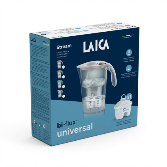 LAICA Stream Line bézs vízszűrő kancsó digitális kijelzővel 1 db bi-flux SLIM univerzális szűrőbetéttel
