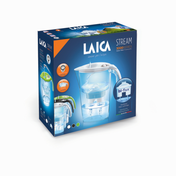 LAICA STREAM LINE fehér vízszűrő kancsó mechanikus kijelzővel és 1 db bi-flux szűrőbetéttel