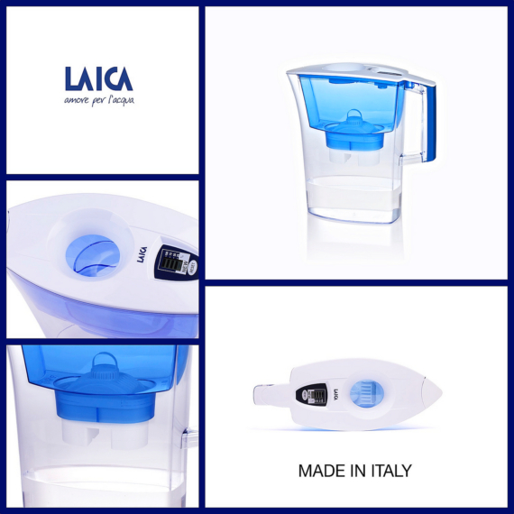 LAICA PRIME LINE NATURE kékáfonya színű vízszűrő kancsó elektronikus kijelzővel, 1 db univerzális szűrőbetéttel