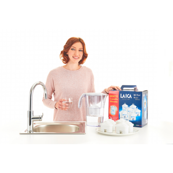 LAICA 6 db-os bi-flux univerzális szűrőbetét LAICA STREAM LINE fehér digitális vízszűrő kancsóval, ajándékszett