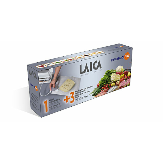 Laica vákuum szelep fej + 3 db 23*26 cm simítózáras légcsatornás vákuum szelepes csomagoló tasak.  