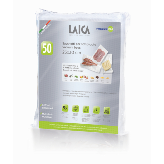 LAICA légcsatornás, EXTRA erős BPA mentes vákuum csomagoló tasak 25 x 30 cm, 50 db
